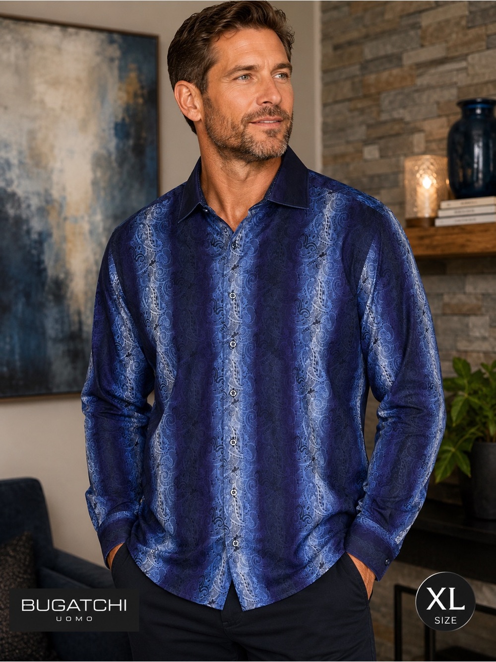 Bugatchi Uomo Men’s XL Blue Paisley Button-Up Long Sleeve Luxury Dress Shirt